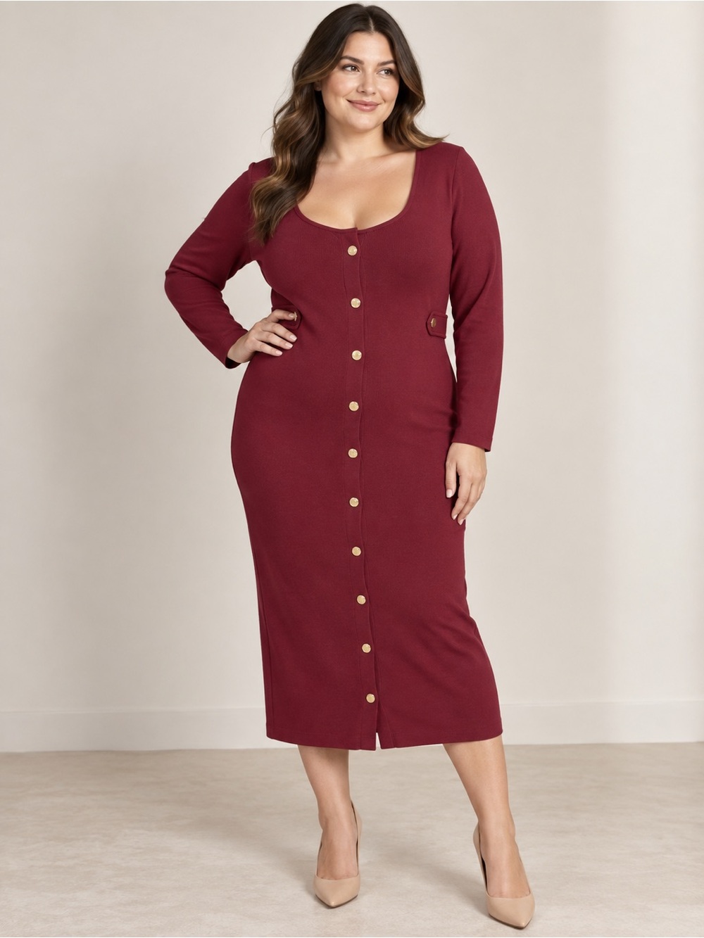 Michael Kors Burgundy Button-Front Scoop Neck Midi Dress